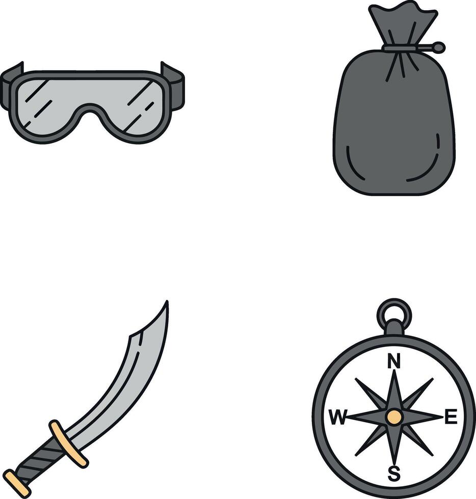 Pirate accessories set with sword compass goggles and bag for adventure themes vector