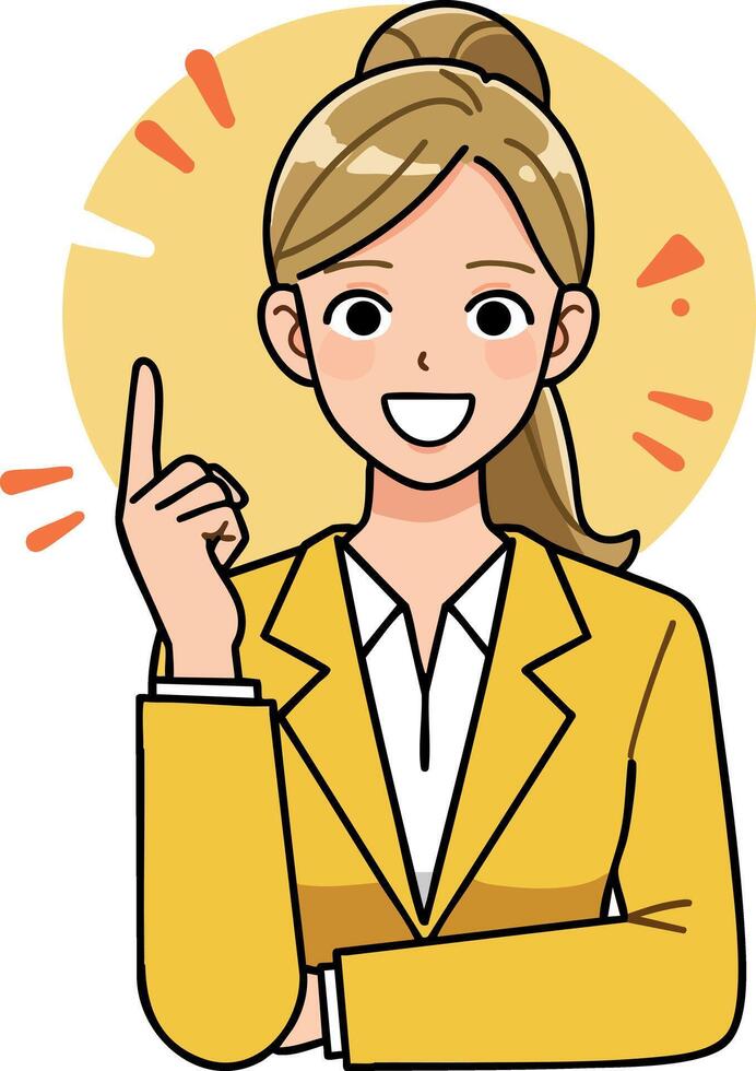 Businesswoman in yellow jacket pointing finger up with confident smile illustration vector