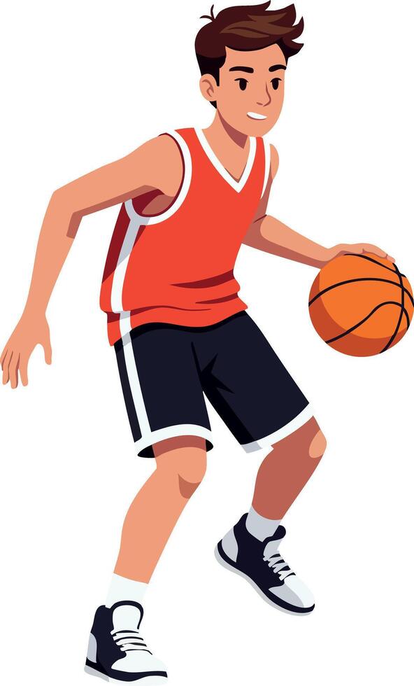 Young male basketball player dribbling orange ball in sporty outfit illustration vector