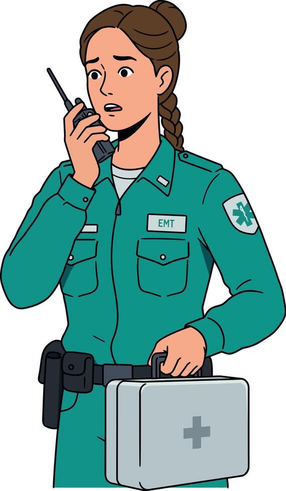 Emergency medical technician woman in green uniform holding radio and first aid kit illustration vector