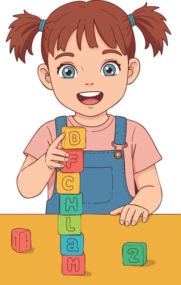 Young girl playing with colorful alphabet blocks on yellow table in playful setting vector