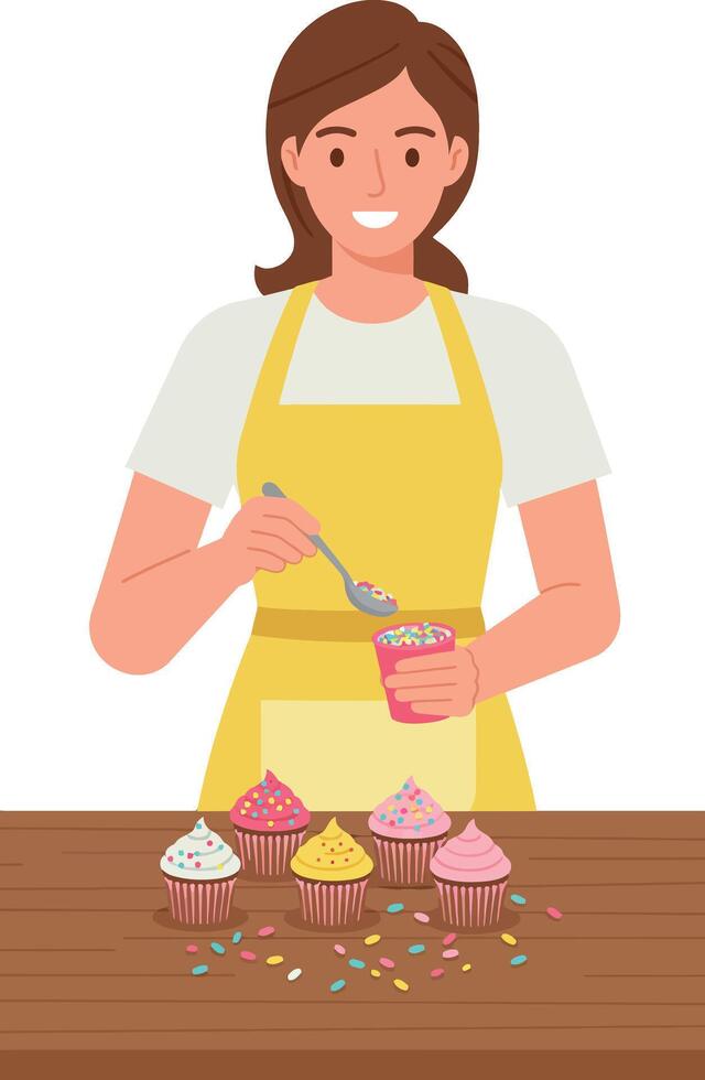 Woman decorating colorful cupcakes with sprinkles in kitchen illustration vector