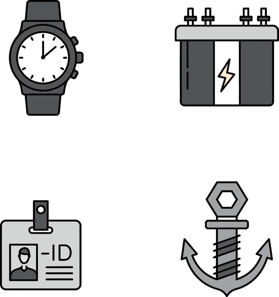Watch battery anchor and ID card collection in simple black and grey design vector