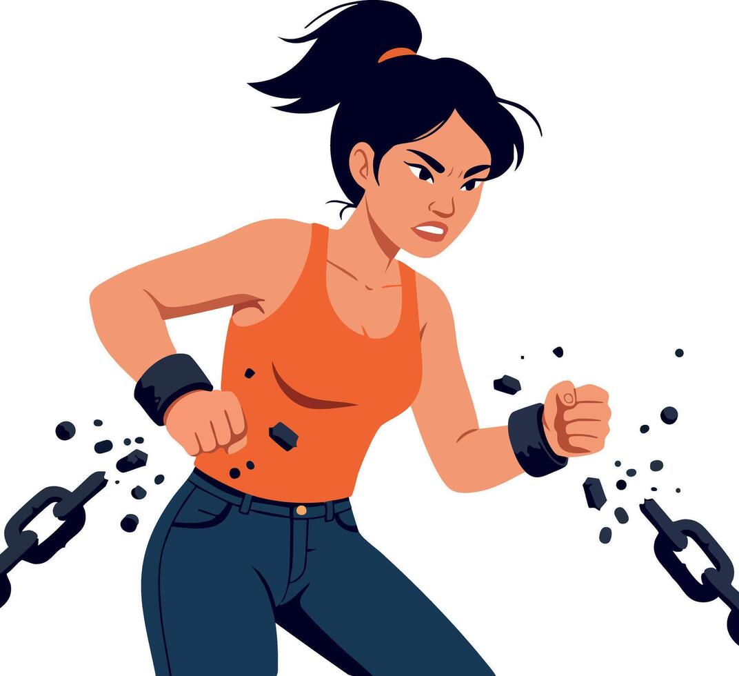 Woman Breaking Chains in Orange Tank Top Showing Strength and Determination vector