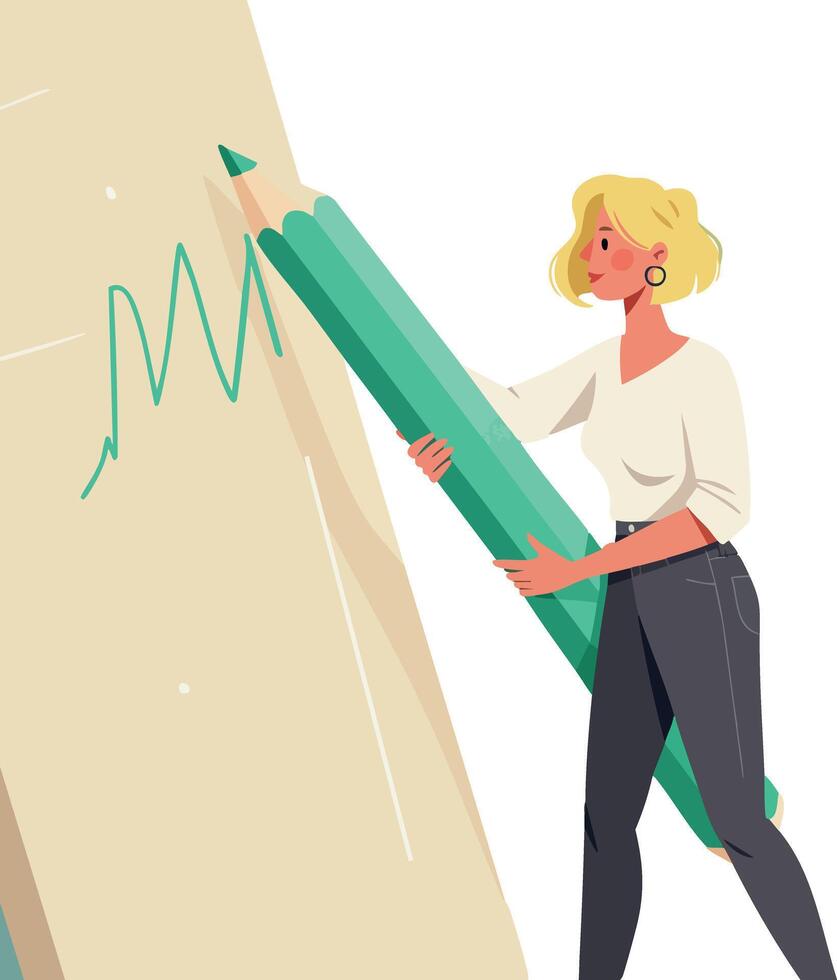 Woman Drawing Chart with Large Green Pencil on Paper Illustration vector