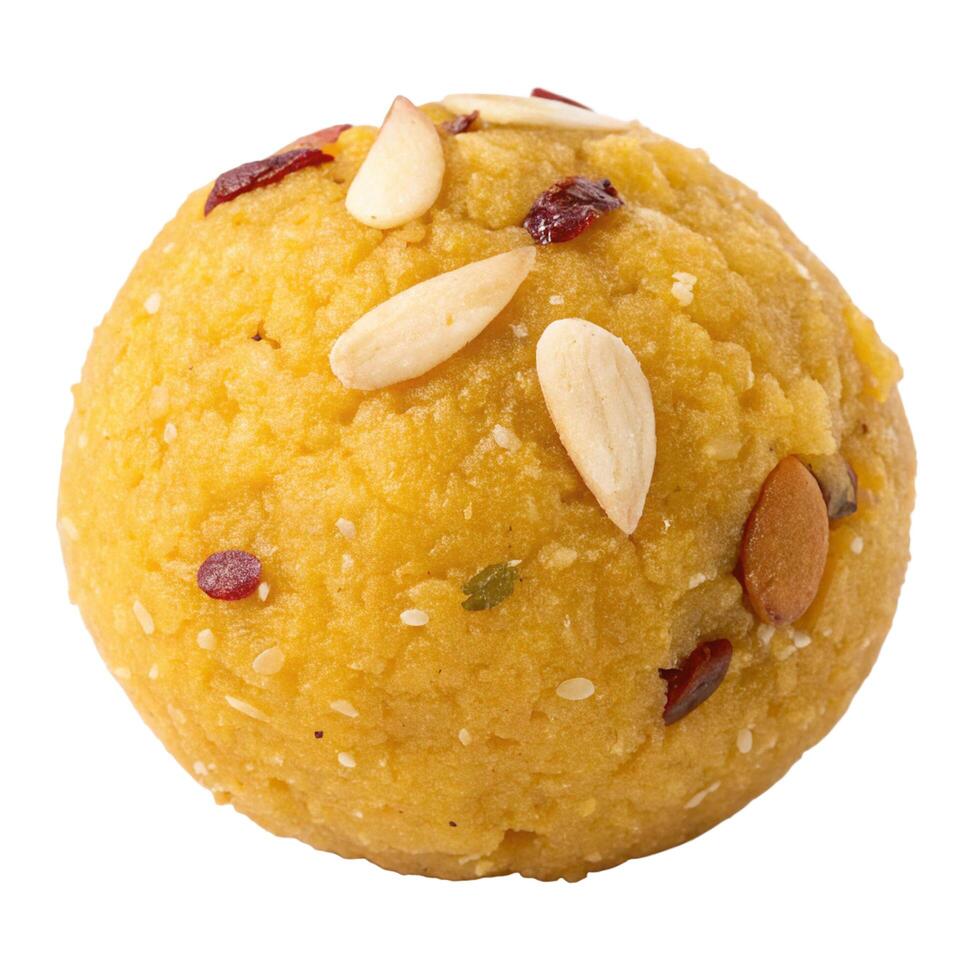 a ball of yellow and orange food with almonds and seeds photo