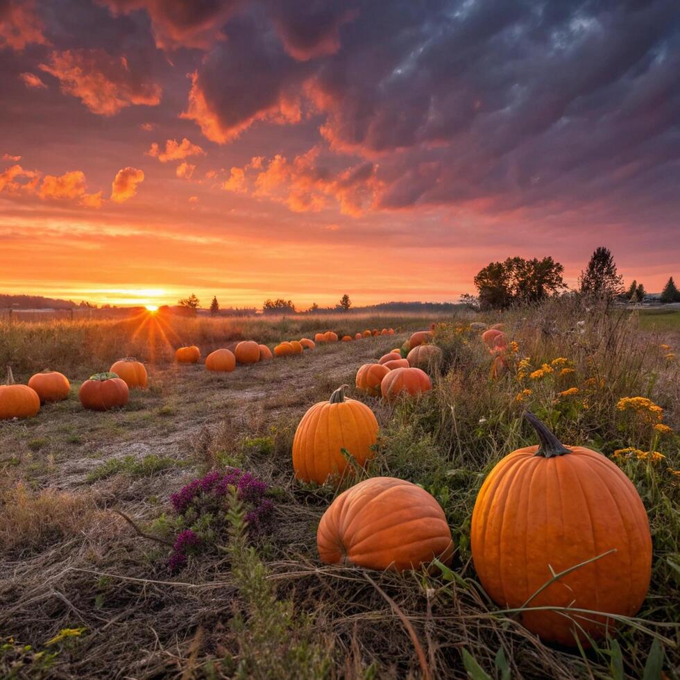 pumpkins in a field at sunset photo