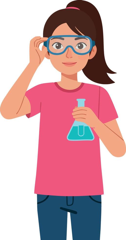 Girl in pink shirt holding flask wearing safety goggles science education illustration vector