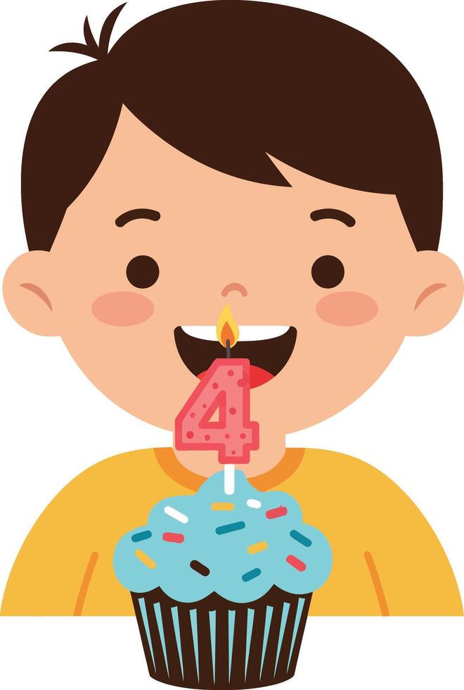 Boy celebrating fourth birthday with cupcake and candle in yellow shirt illustration vector