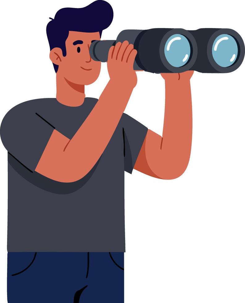 Young man looking through binoculars for outdoor observation and exploration illustration vector