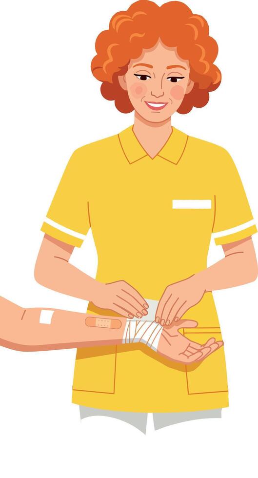 Female nurse in yellow uniform bandaging arm of patient illustration vector