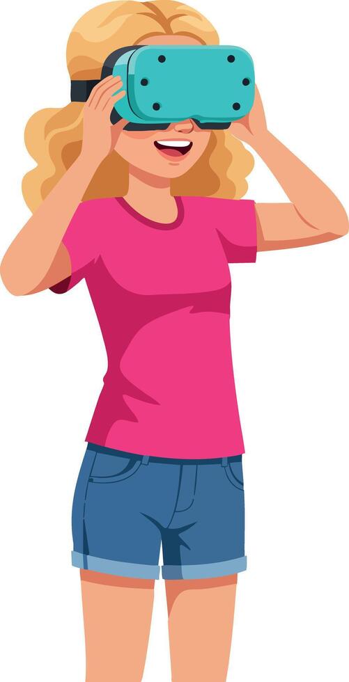 Woman Wearing Virtual Reality Headset Enjoying Immersive Experience in Casual Summer Outfit vector