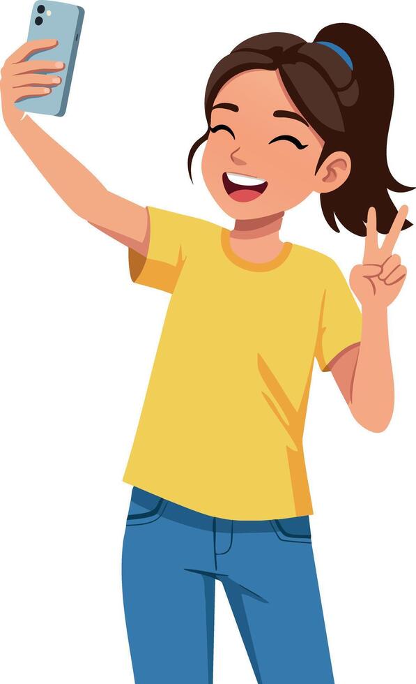 Girl taking selfie with smartphone in yellow t-shirt and blue jeans casual style vector