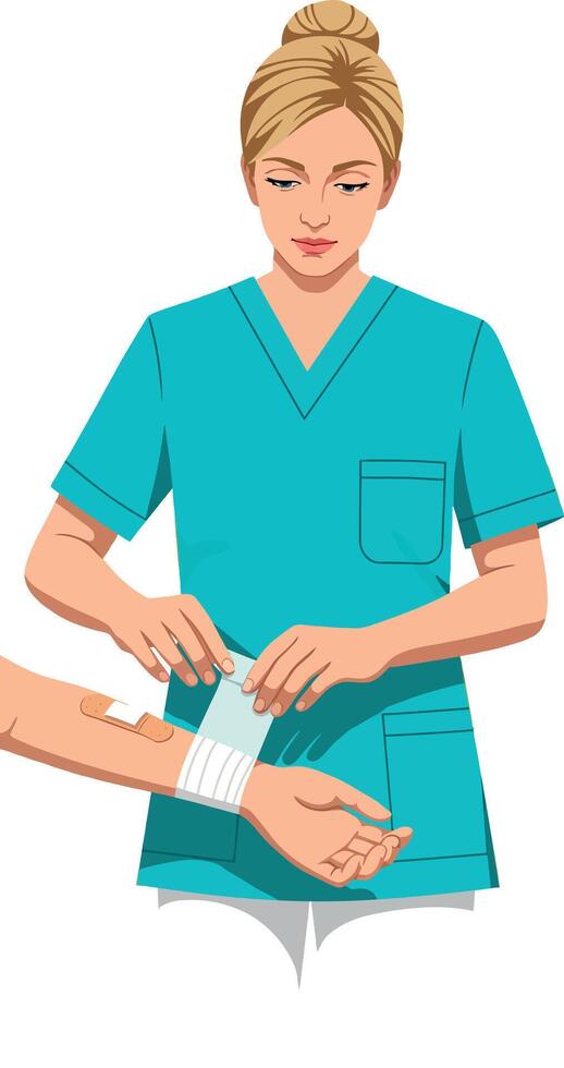 Nurse applying medical bandage on patient arm in blue uniform illustration vector