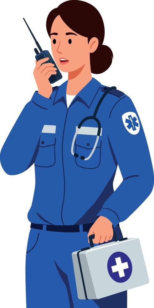 Female Paramedic Communicating on Radio with First Aid Kit and Medical Uniform Illustration vector