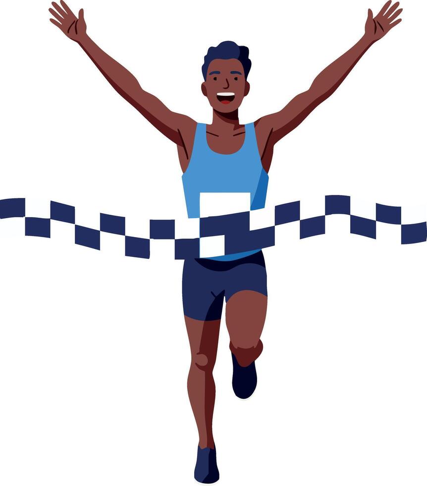 Male athlete running through finish line celebrating victory in race illustration vector