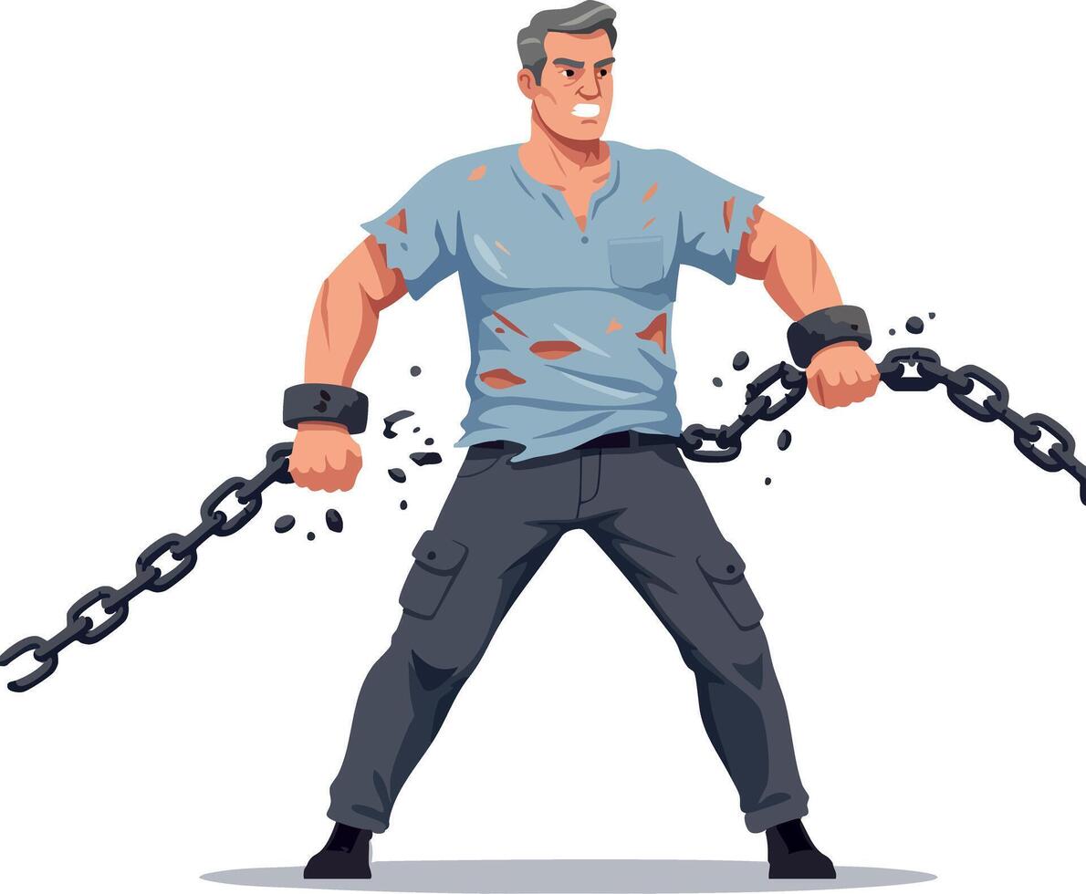 Man Breaking Chains with Strength and Determination Illustration vector