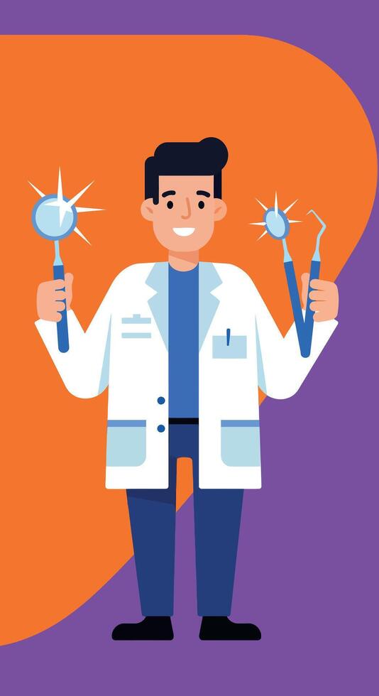 Dentist with dental tools smiling in white coat illustration portrait orientation vector