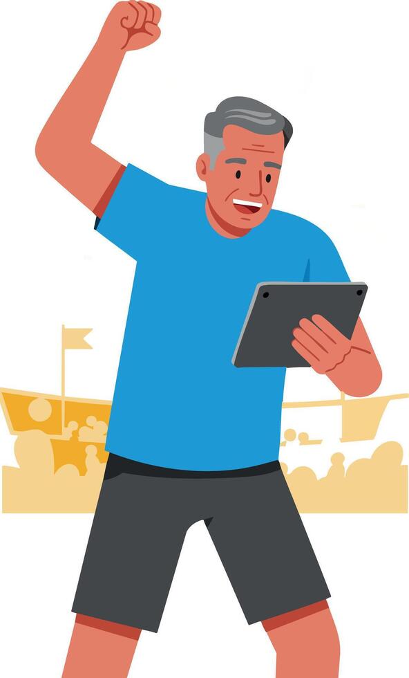 Man celebrating with tablet digital device excited gesture in stadium environment vector