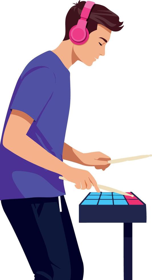 Young man playing electronic drum pad with pink headphones in casual outfit illustration vector