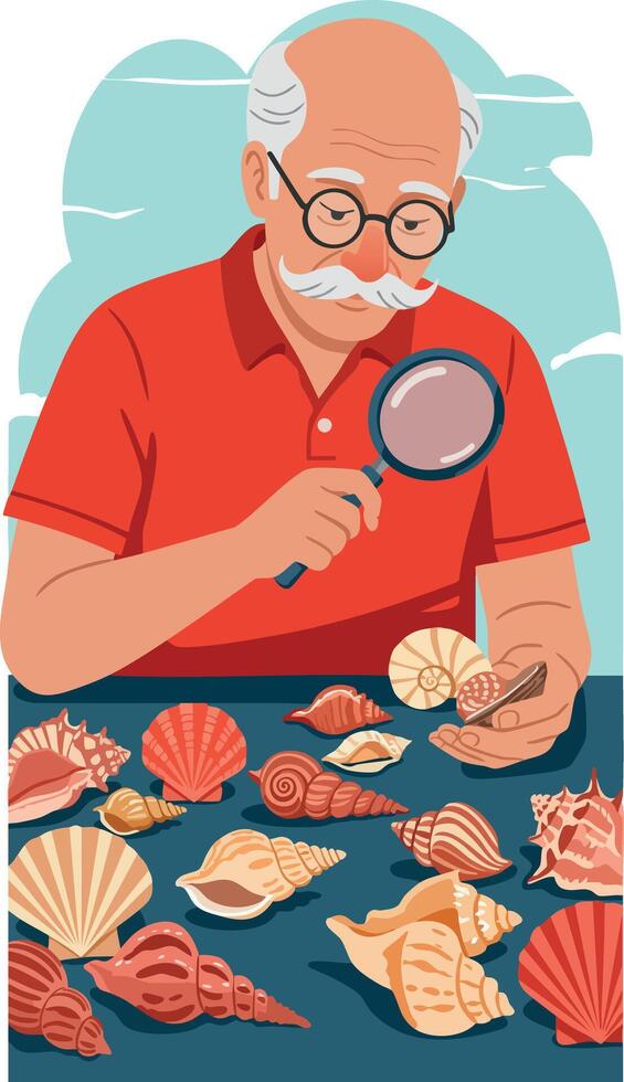 Senior man examining seashells with magnifying glass hobby and leisure illustration vector