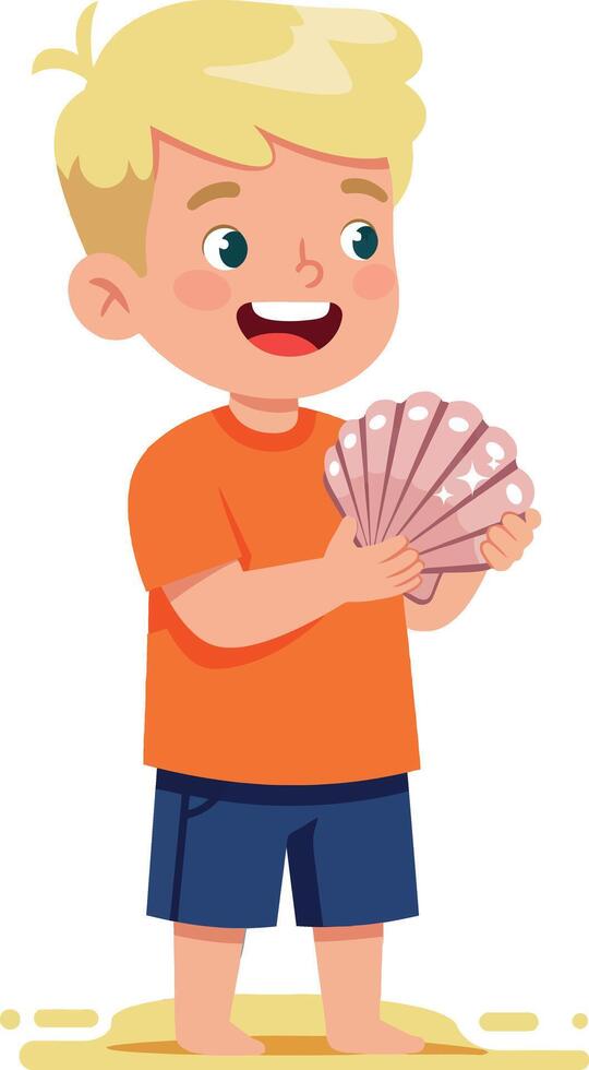 Young boy holding seashells on beach summer fun illustration vector