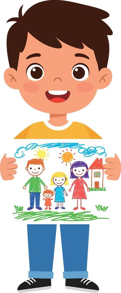 Boy holding colorful family drawing of mother father and children smiling illustration vector