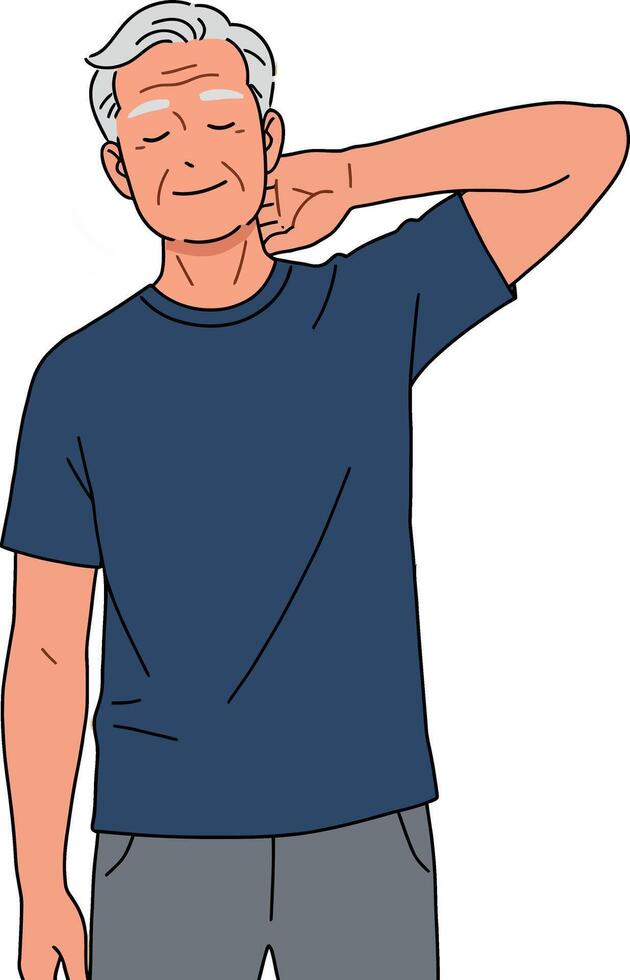 Older man with gray hair wearing navy blue t-shirt stretching neck illustration vector