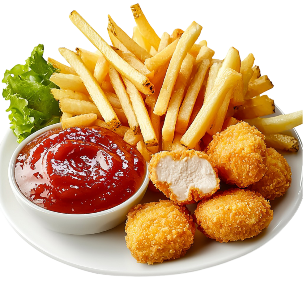 Heaping plate of golden French fries crispy chicken nuggets On Transparent Background png