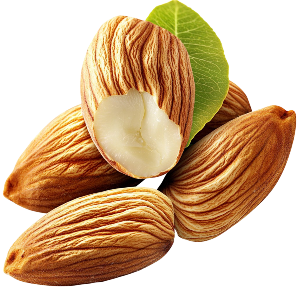 Pile of raw almonds their brown shells and a On Transparent Background png
