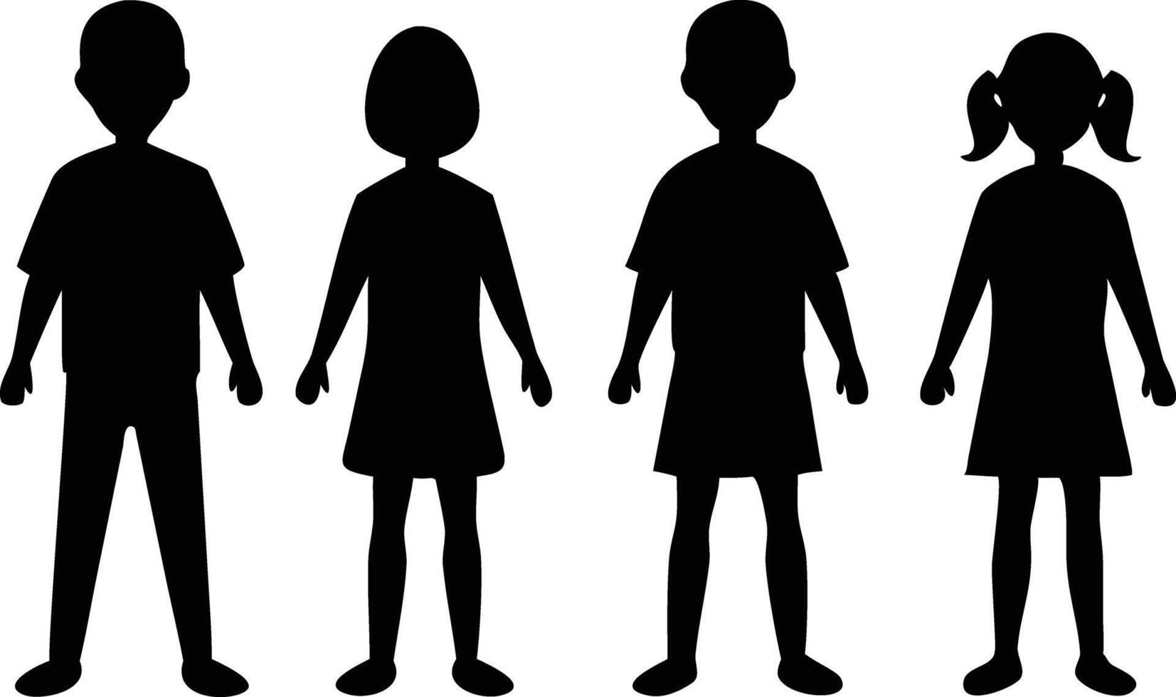Silhouette figures represent four children wearing casual clothes against a plain white background vector