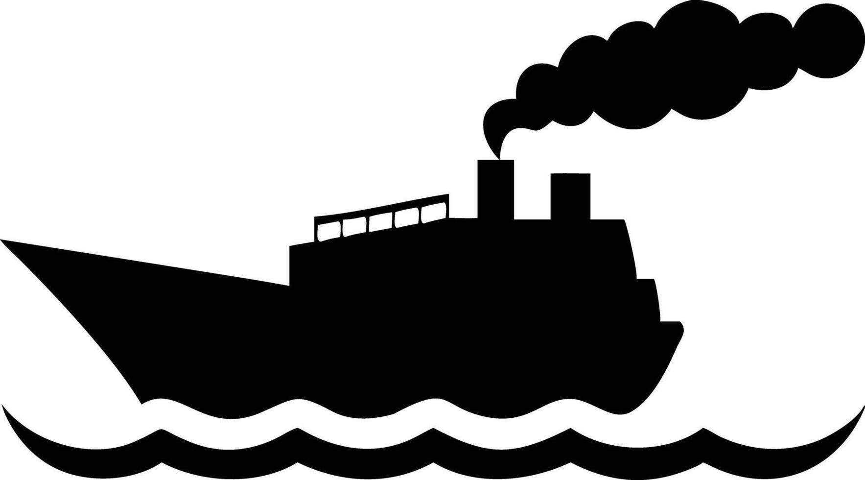 Black silhouette of an old steamer ship sailing smoothly on wavy water is showcased vector