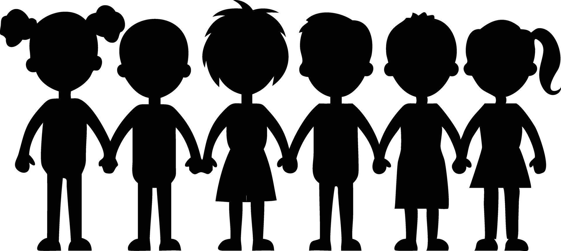 Silhouette depicts group of diverse children happily standing together holding hands in unity vector