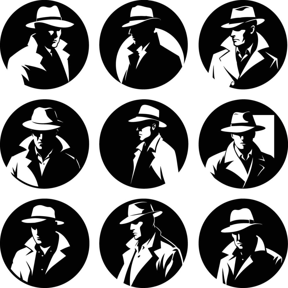 Nine stylized noir detective faces wearing fedoras displayed inside of circular shapes appear ominous and mysterious vector