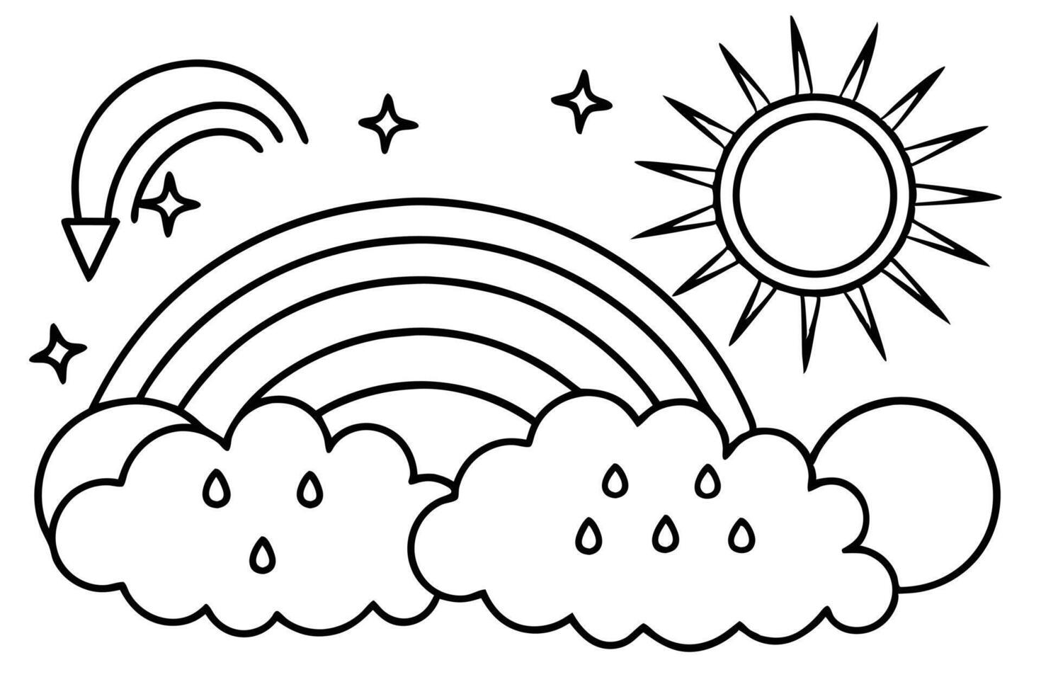 Outline art shows a rainbow, clouds with raindrops, stars, and a sun shining vector