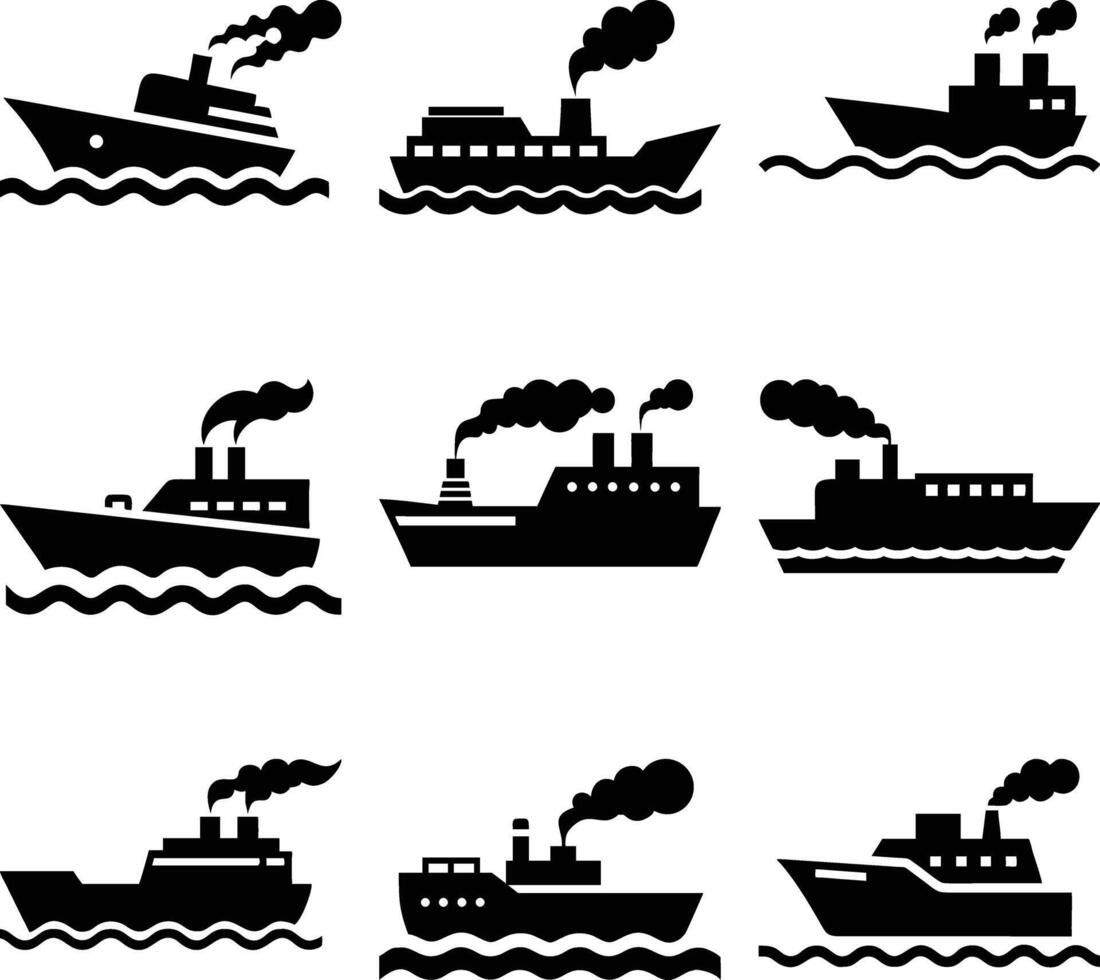Different black steamship icon variations emitting smoke are shown sailing in wavy waters vector