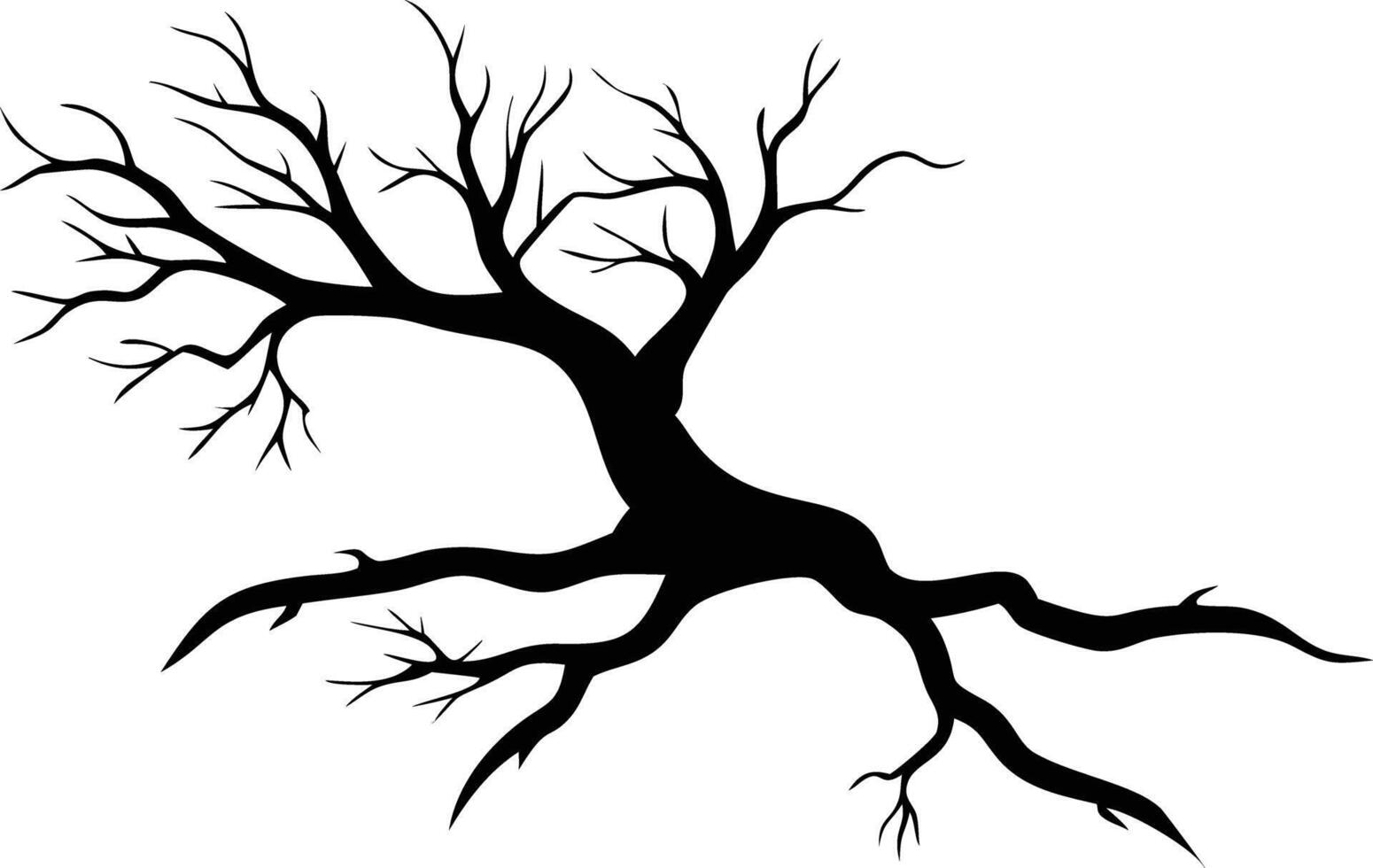 Spooky black tree silhouette features bare branches and roots, perfect for Halloween themed backgrounds vector