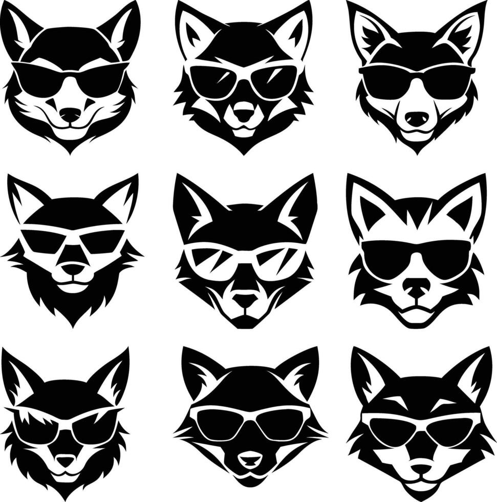 Nine fox head in black color with sunglasses in a illustration vector
