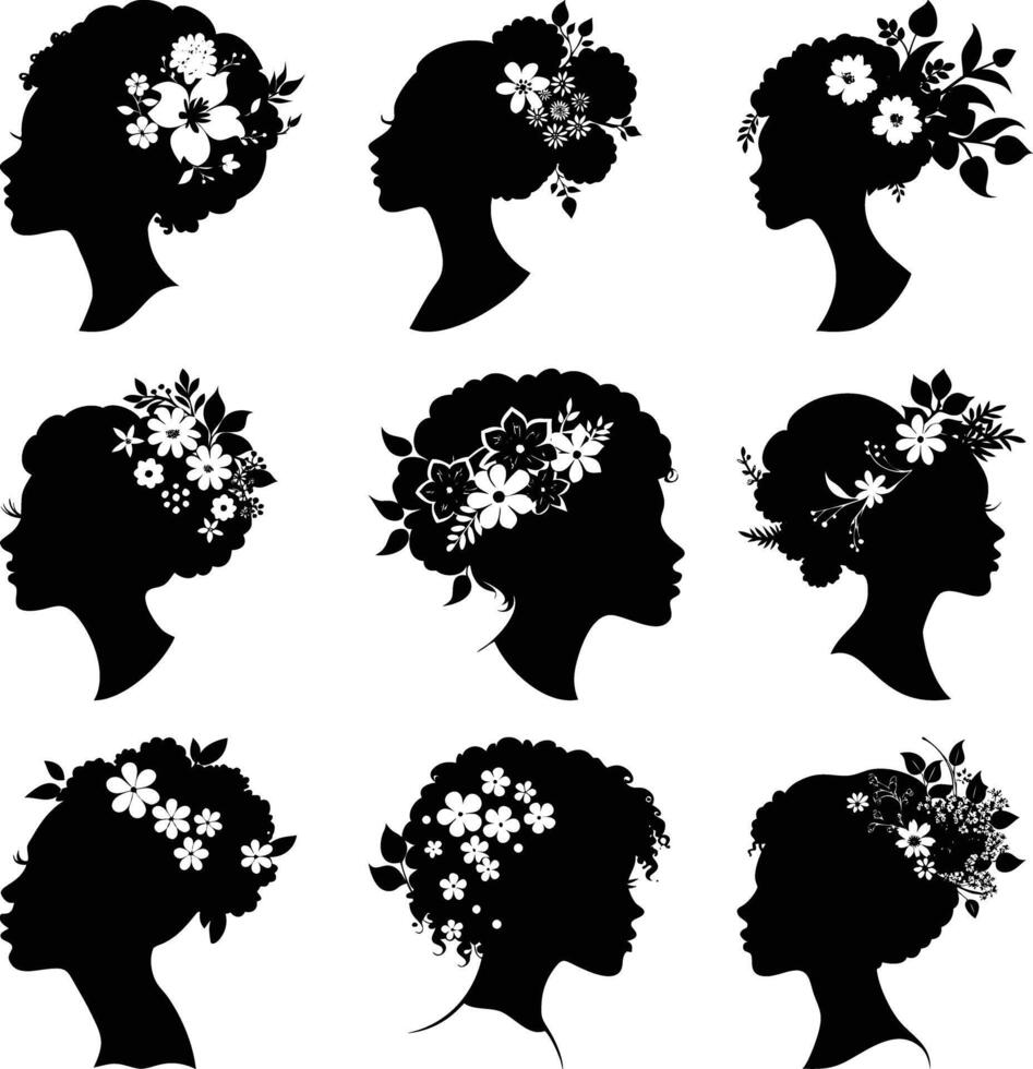Silhouetted African woman head with floral hair arrangement is displayed multiple times in this image vector