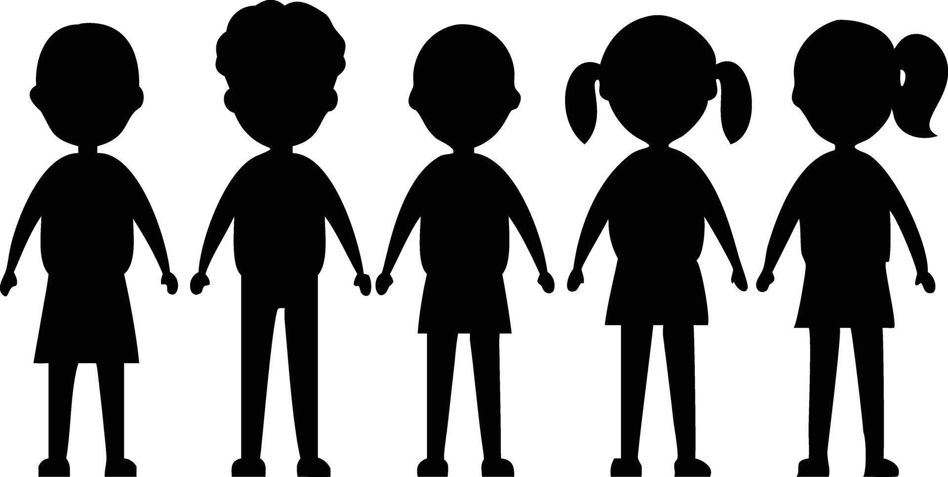 Silhouetted children holding hands stand together showing friendship and unity in a monochrome color palette vector