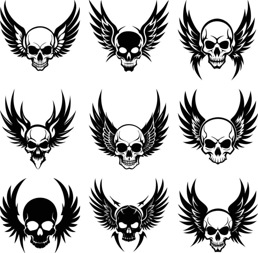 Collection shows nine winged skull vectors each showing different wing and head designs
