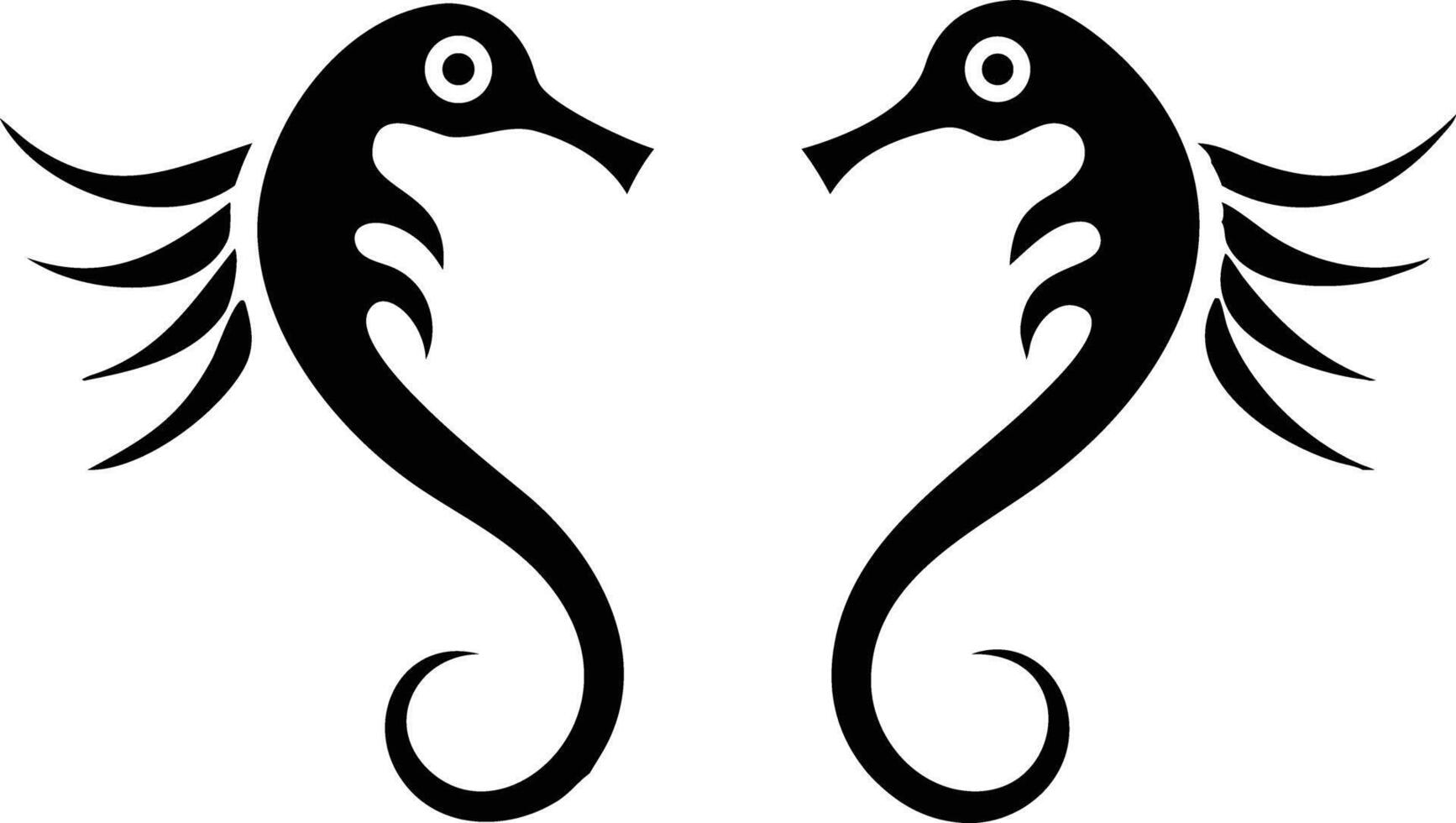 Two stylized black seahorses face each other against a bright white background, showcasing symmetry vector