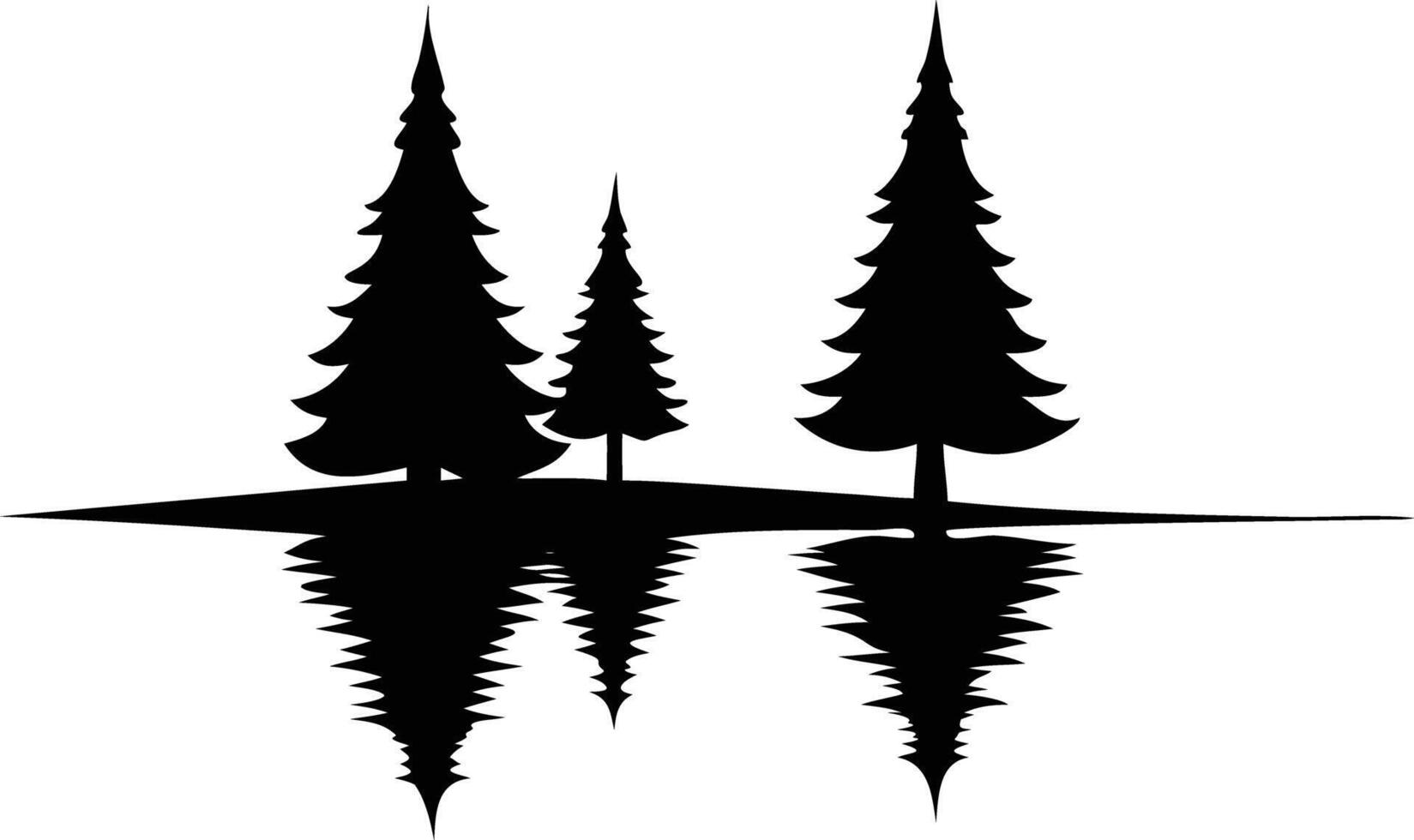 Silhouetted evergreen trees reflect crisply in mirrored water, portraying a peaceful monochrome nature scene vector