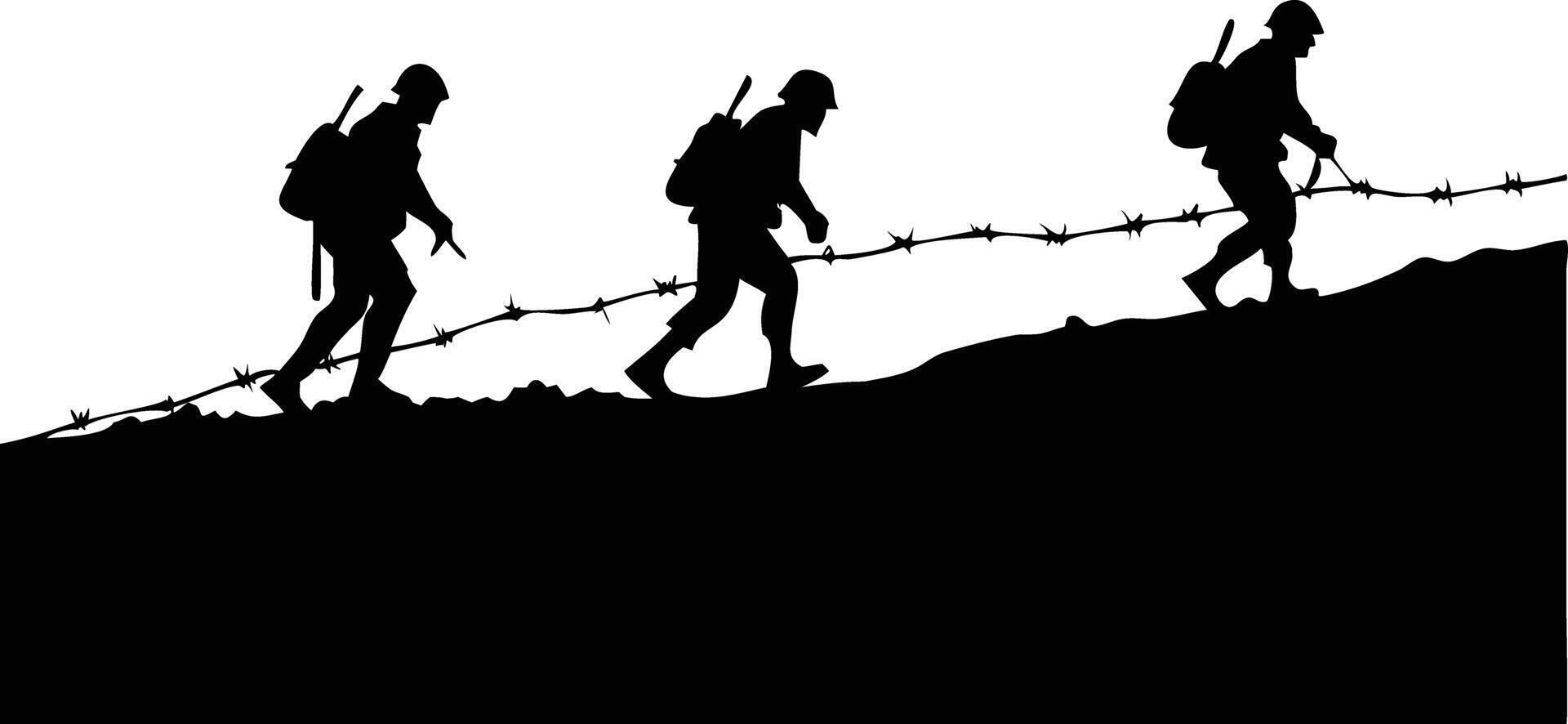 Silhouetted soldiers with helmets hike through barbed wire on a dark battlefield, suggesting struggle vector