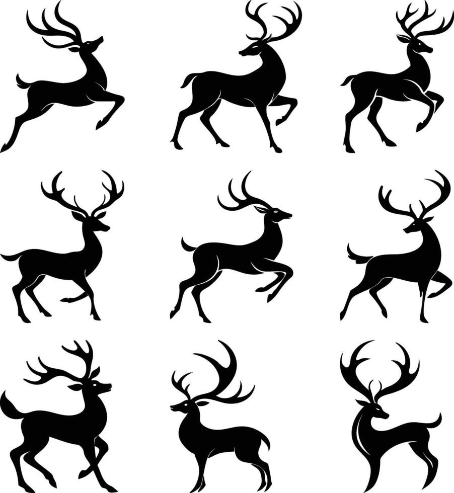 A collection of nine reindeer silhouetted in different poses showcases the animal's grace and power vector