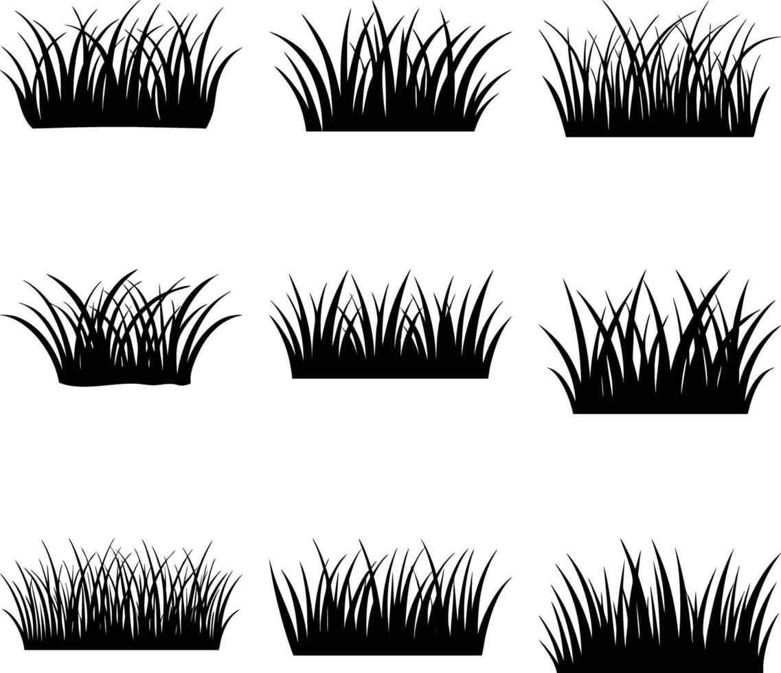 Black silhouette reveals nine clumps of grass in varying arrangements against a bright background vector