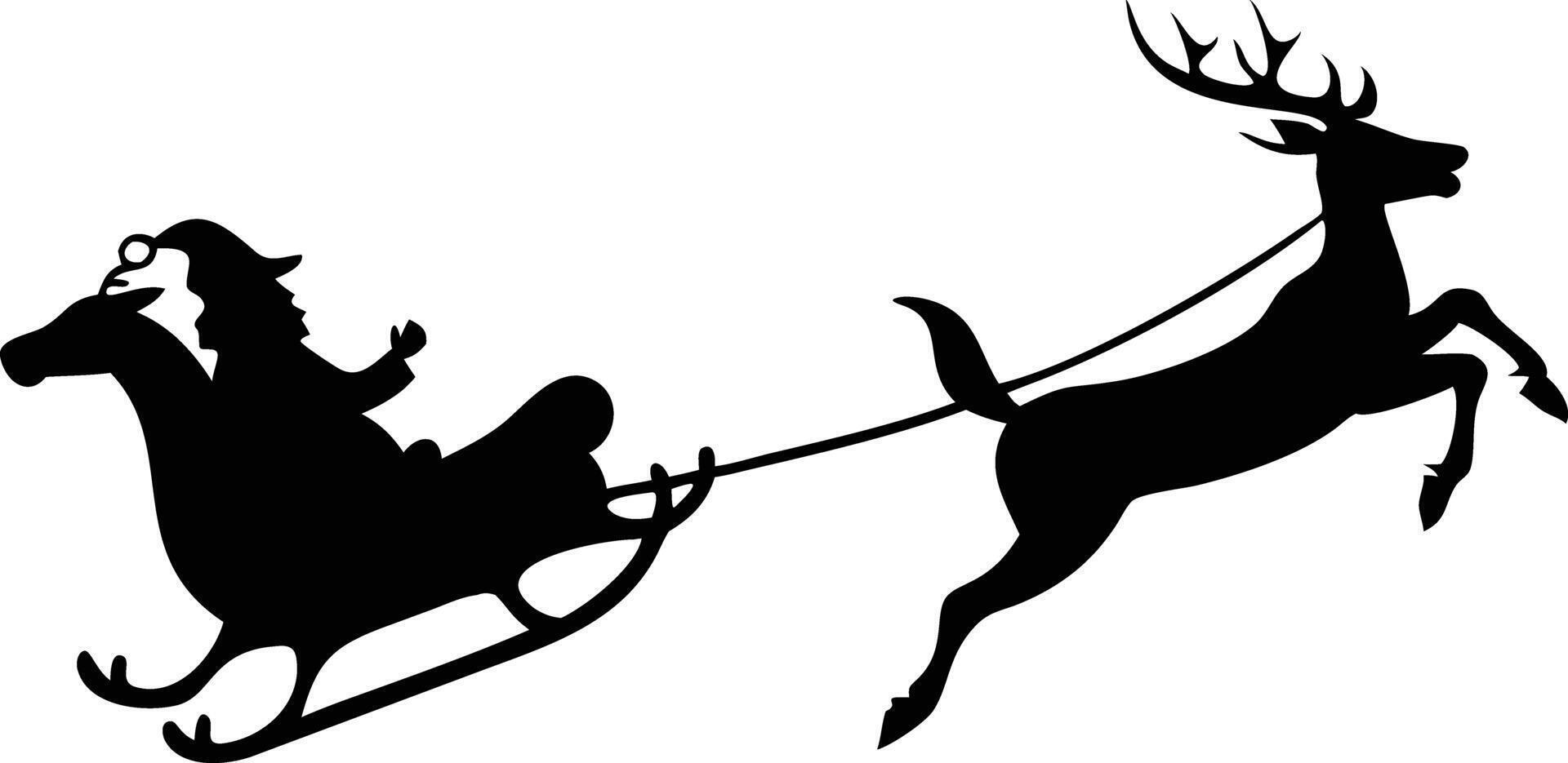 Santa Claus silhouette waves from his sleigh pulled by a flying reindeer during Christmas vector