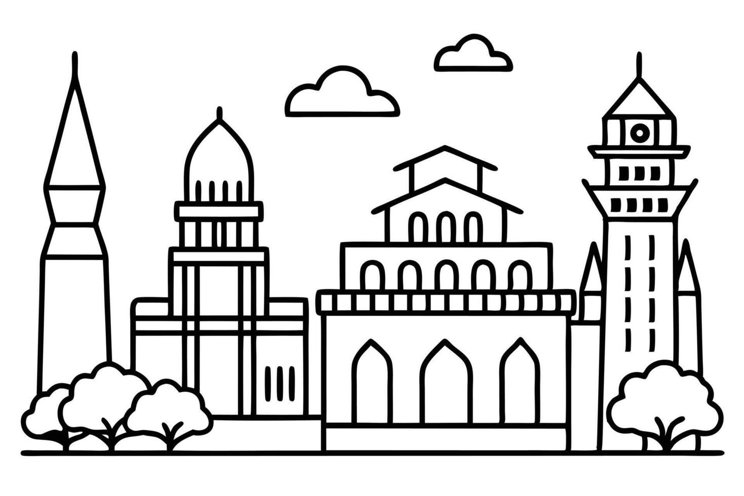 Black outline architectural building line drawing depicts city skyline with stylized clouds above vector