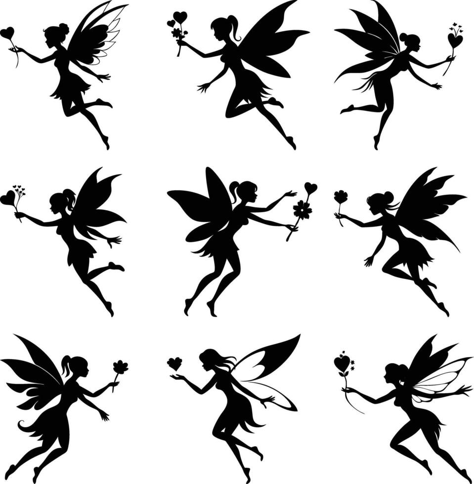 Nine different fairy silhouettes gracefully flying, each one carrying a heartshaped wand or flower vector
