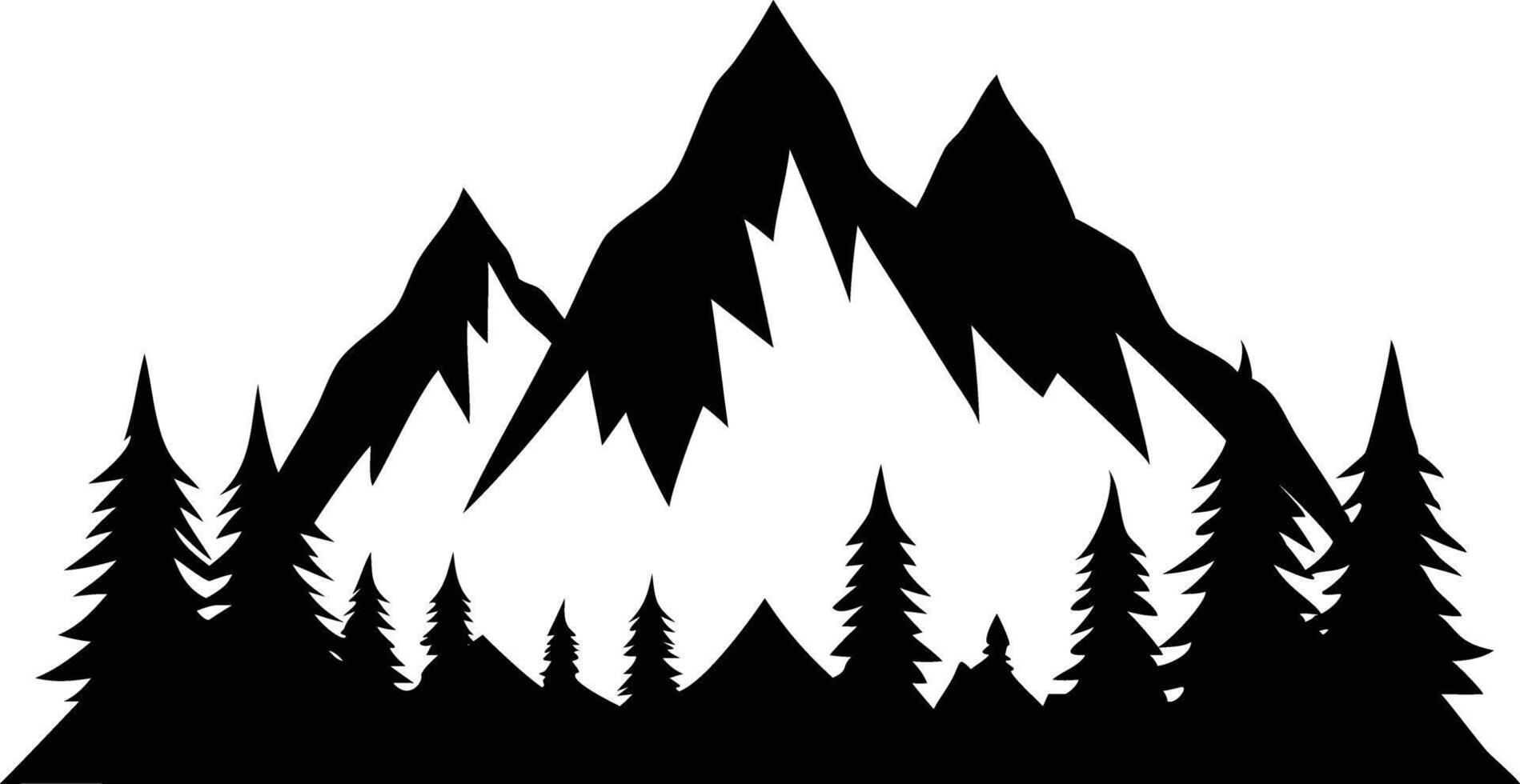 Mountain peaks rise behind tall pine trees in this wilderness silhouette landscape vector